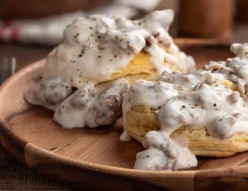 Biscuits and gravy at a breakfast restaurant on Hilton Head Island