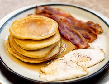 A breakfast of pancake, eggs, and bacon at Harold's Diner in Hilton Head Island